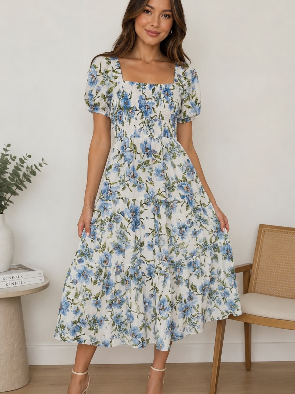 Floral Smocked Midi Dress - Blue/White